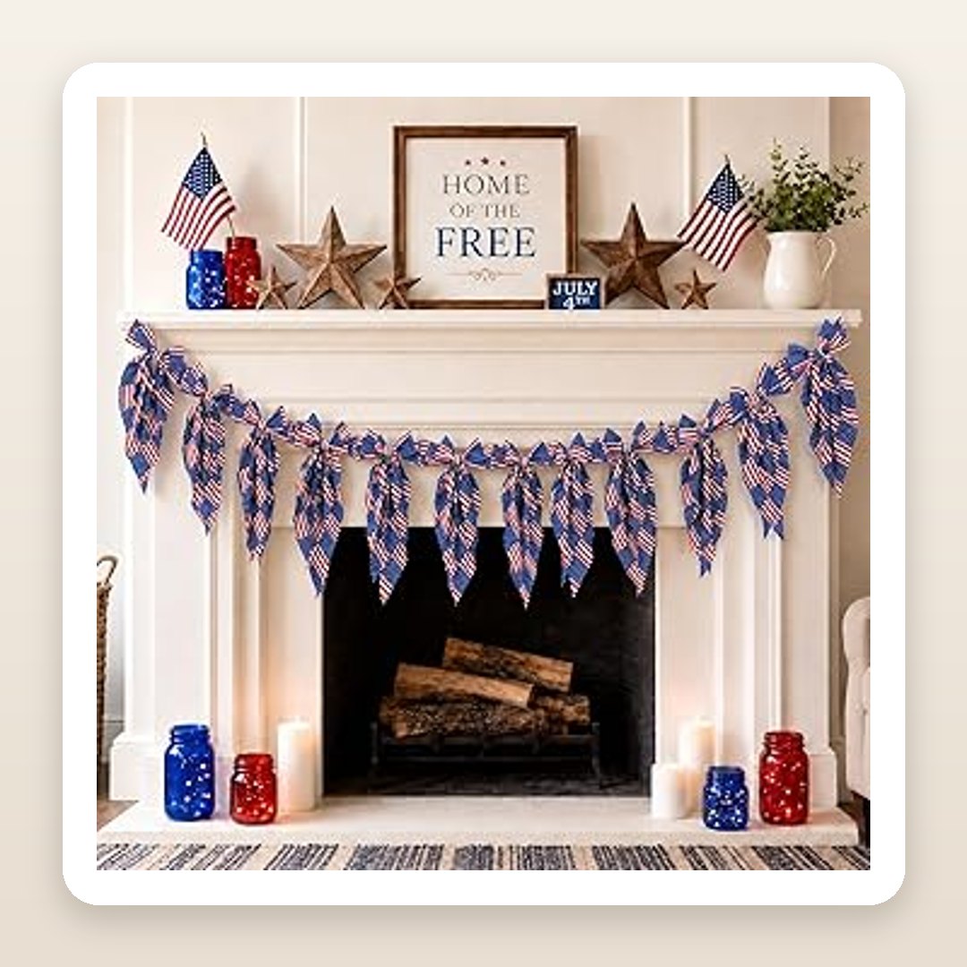 American Flag Bow Garland for a Festive 4th of July Mantel