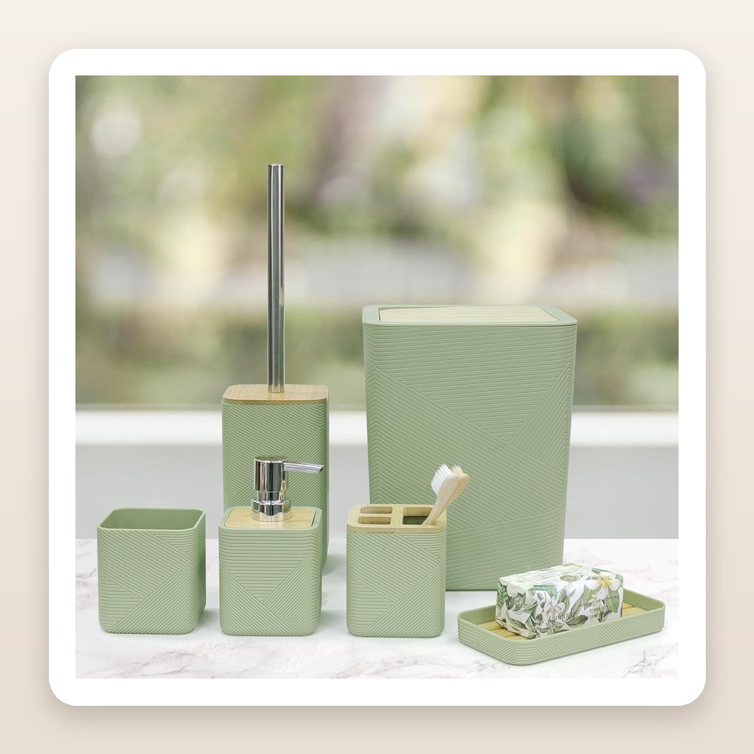 The Bamboo-and-Sage Bathroom Set That Gives a Counter That Calm, Earthy Spa Feel