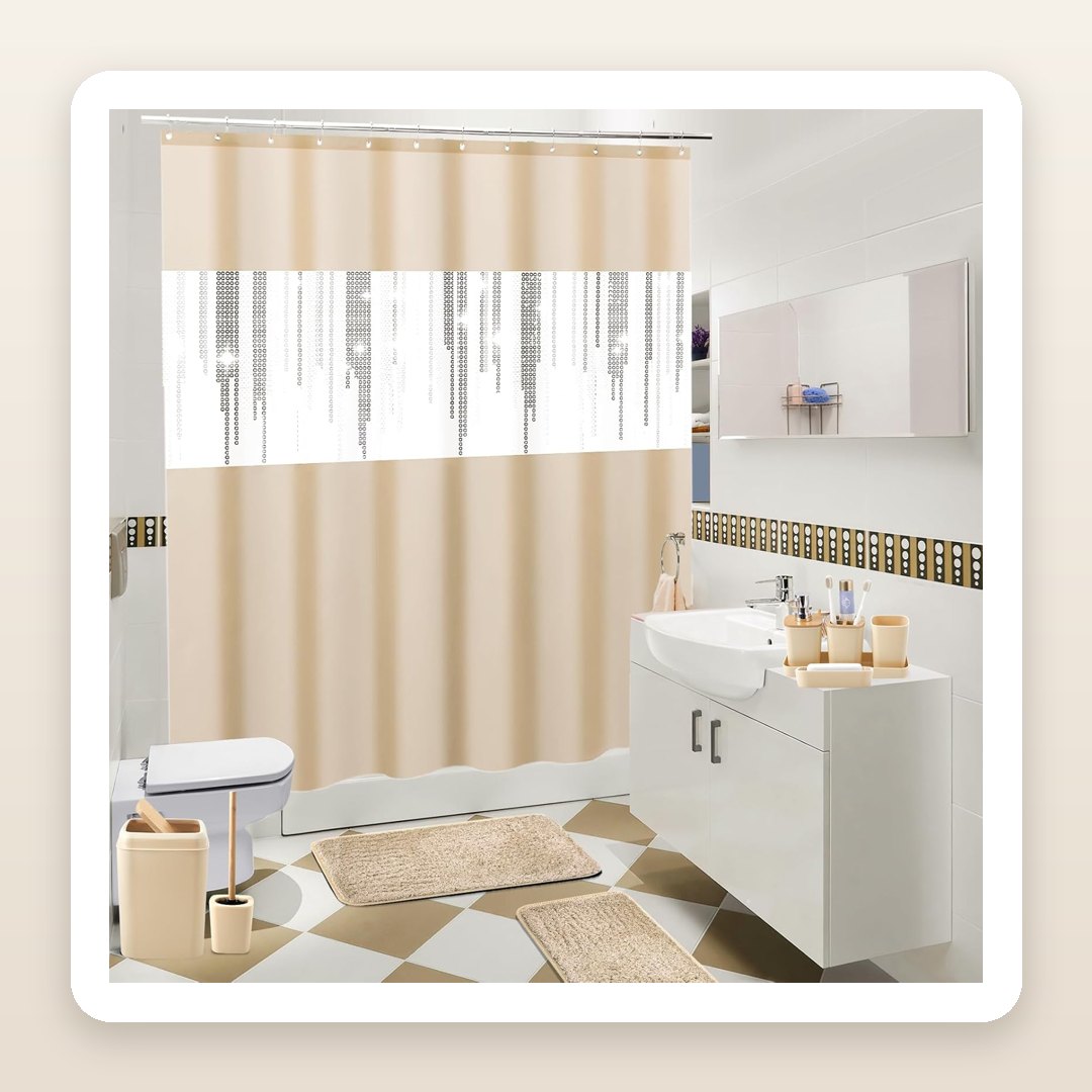 The Beige Bathroom Set That Pulls the Whole Room Together — Curtain + Rugs Included