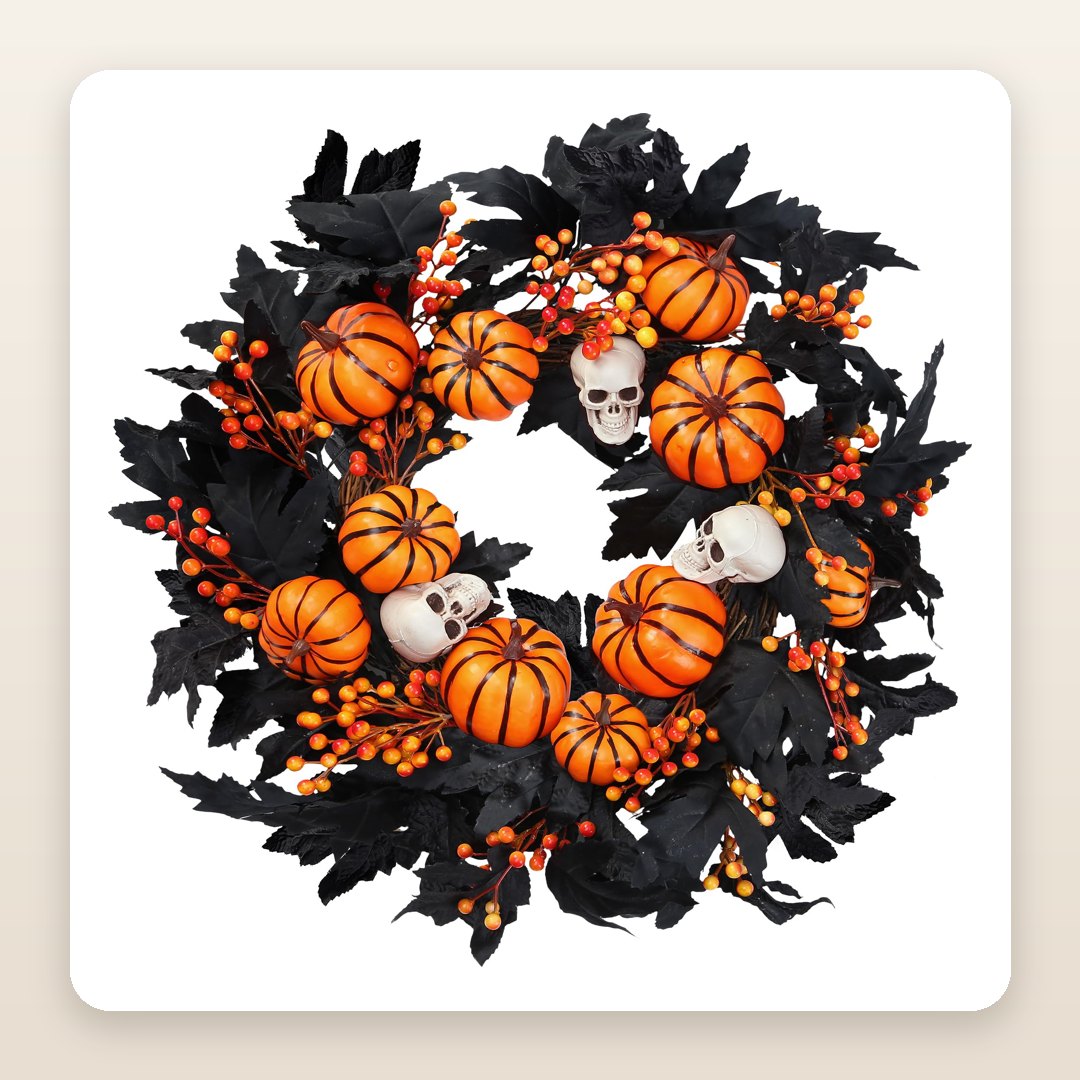 Halloween Door Decorations Contest: The Black Maple Wreath With Pumpkins and Skulls