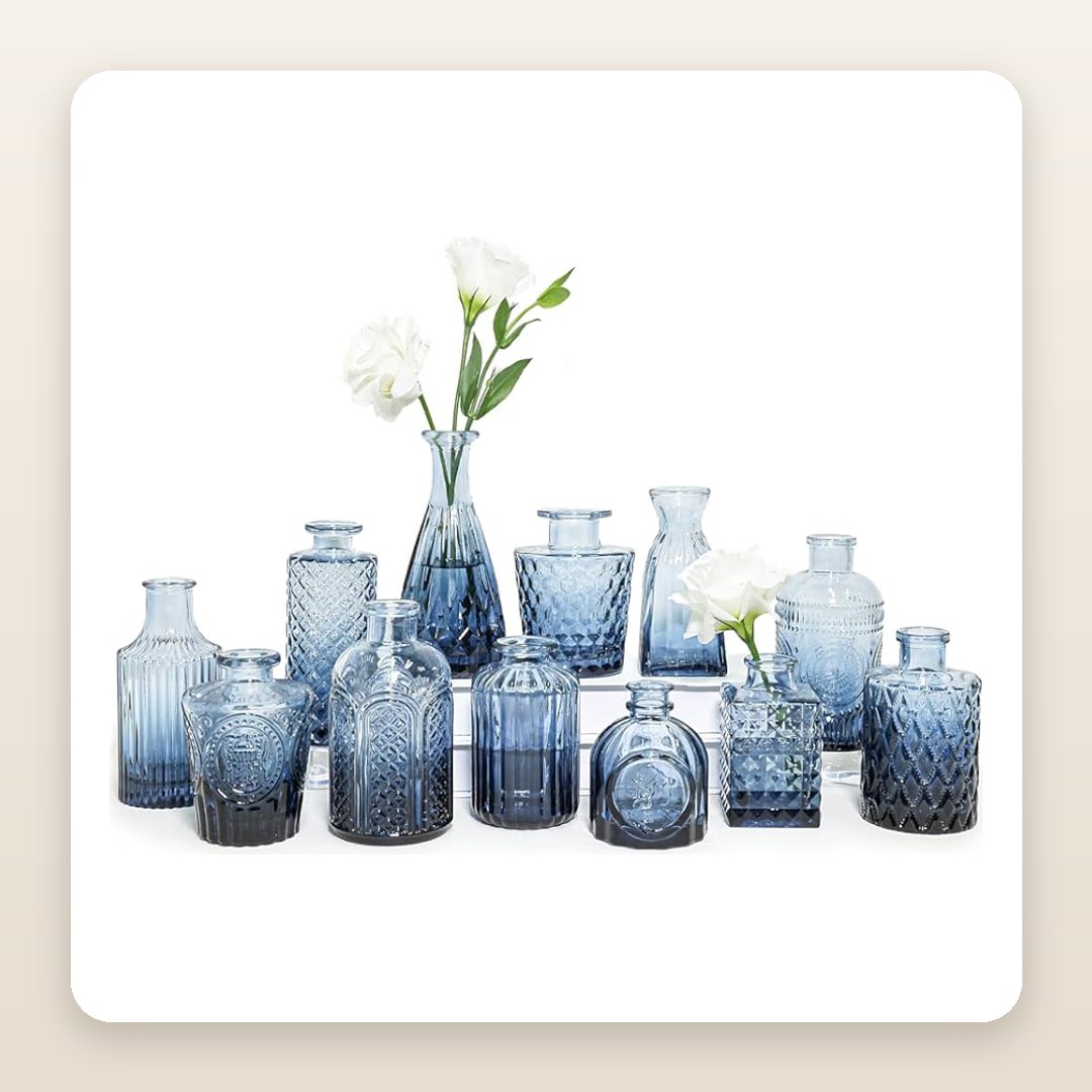 Set of 12 Blue Glass Bud Vases | Vintage Spring Centerpiece Decor