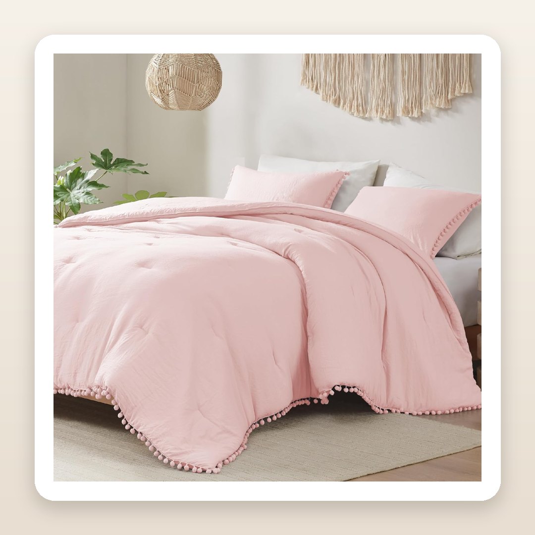 The Blush Pink Pom-Pom Comforter That Makes a Dorm Bed Look Straight Off Pinterest