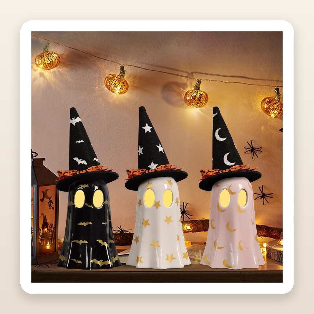 Halloween Mantel Decor: The 3 Ceramic Ghosts in Witch Hats That Glow From Inside