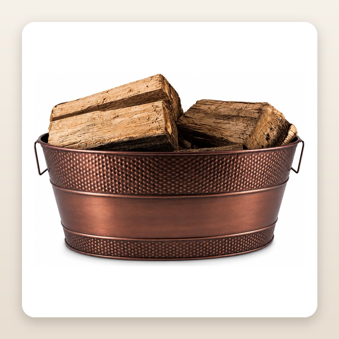 Fireplace Decor Ideas: The Hammered Copper Tub That Makes a Log Pile Look Deliberate