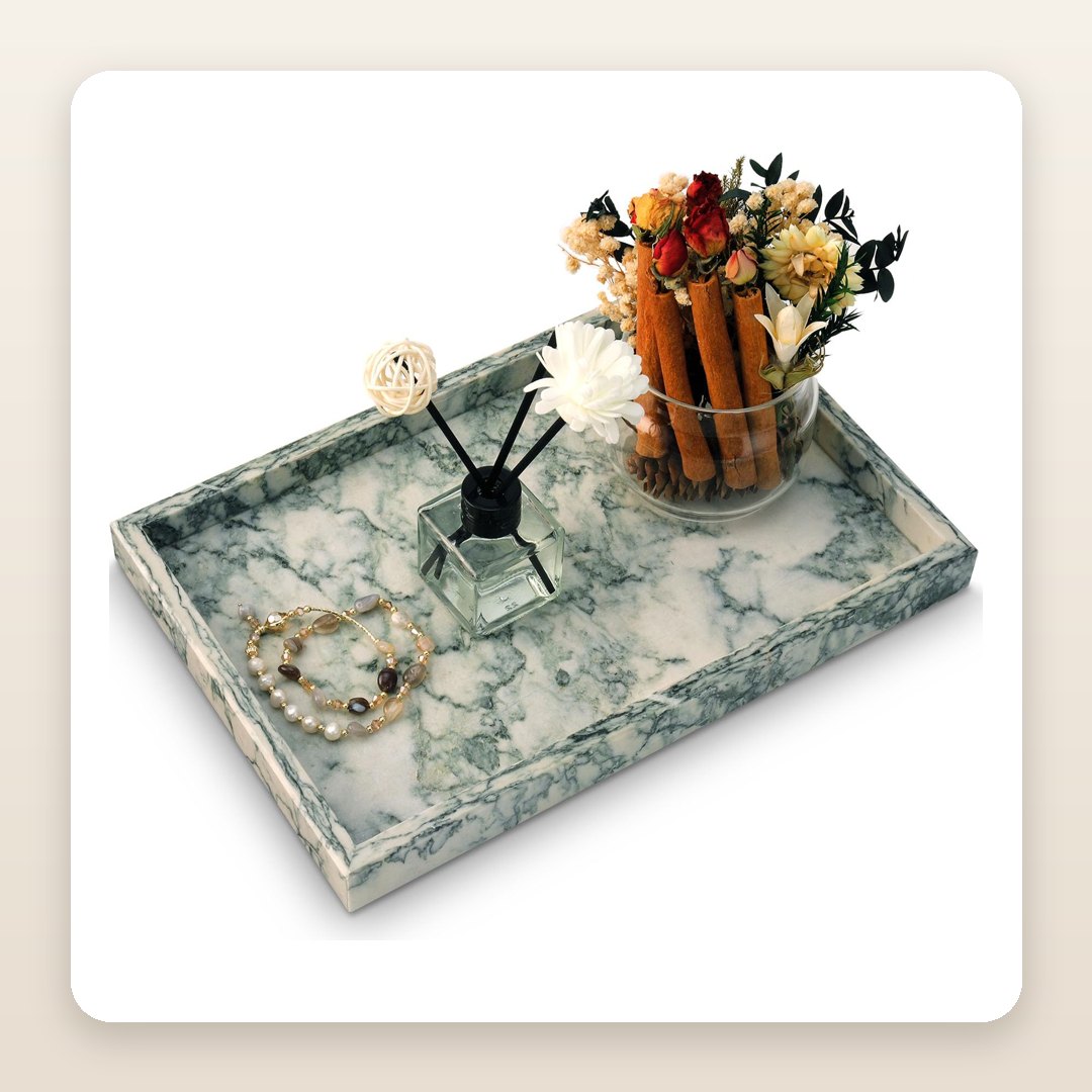 The Cyan Marble Tray That Turns a Plain Counter Into Bathroom Inspiration