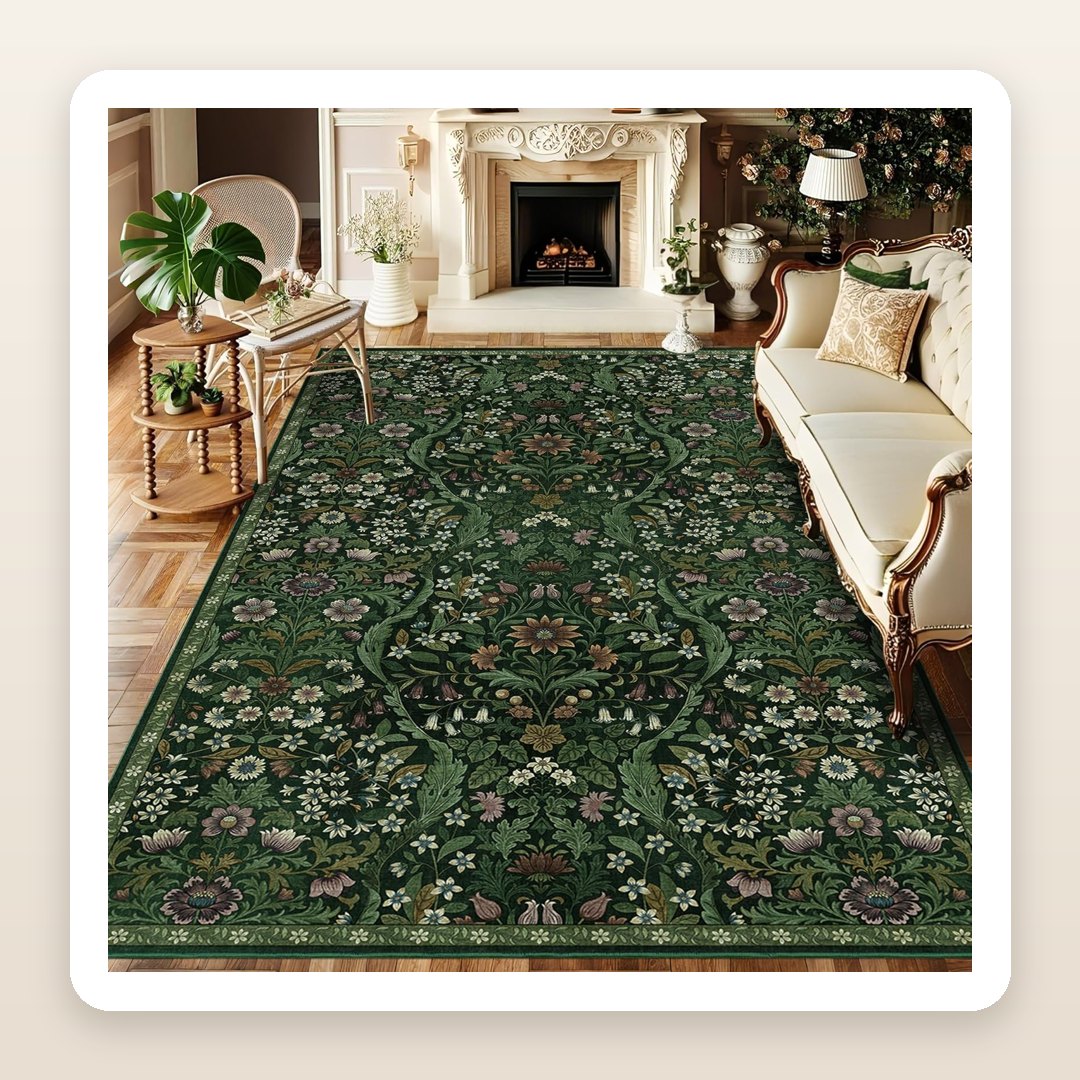 The Dark Green Floral Washable Rug That Turns a Living Room Into a Secret Garden