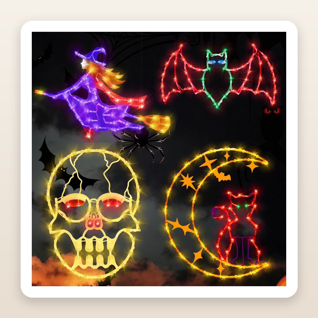 Halloween Window Art: The 4 Glowing Silhouettes With a Witch, Bat, Cat Moon and Skull