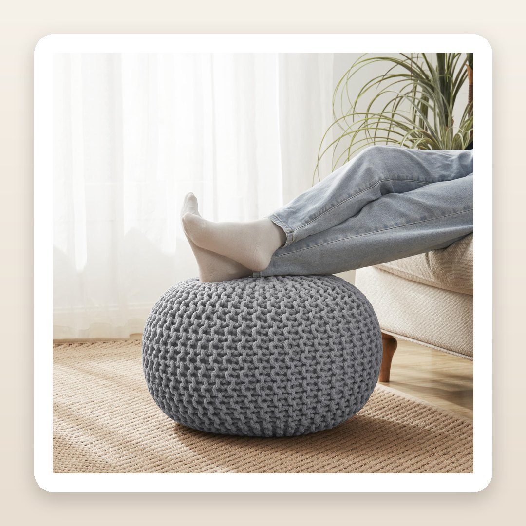 Boho Living Room Ideas: The Grey Knit Pouf That Adds a Seat Without Adding a Chair
