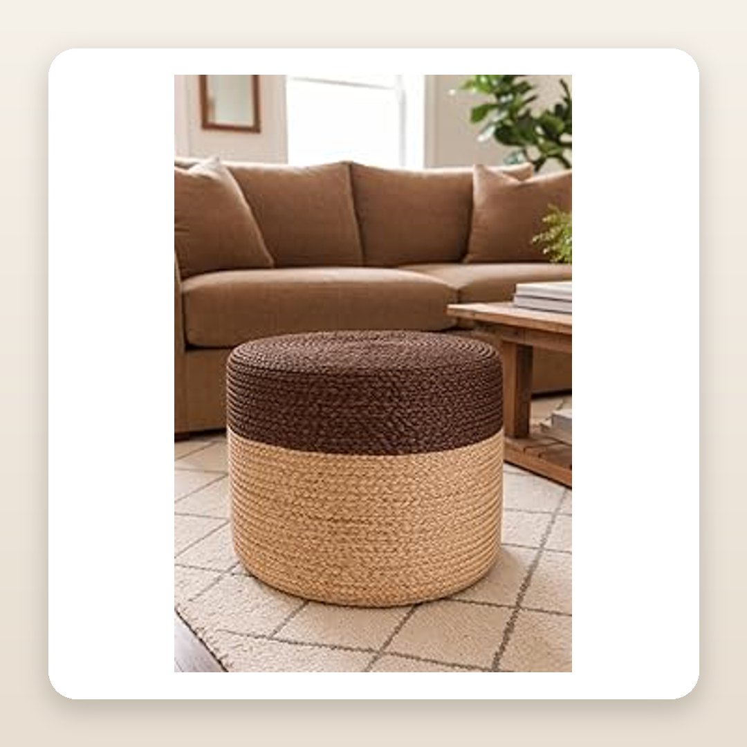 The Hand-Knit Jute Pouf That Finishes a Cozy Reading Corner