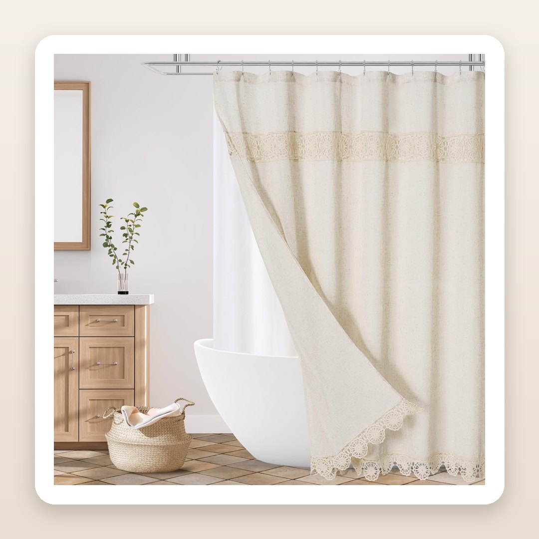 Bathroom Decor Ideas: The Linen Shower Curtain With Macrame Lace That Warms It Up