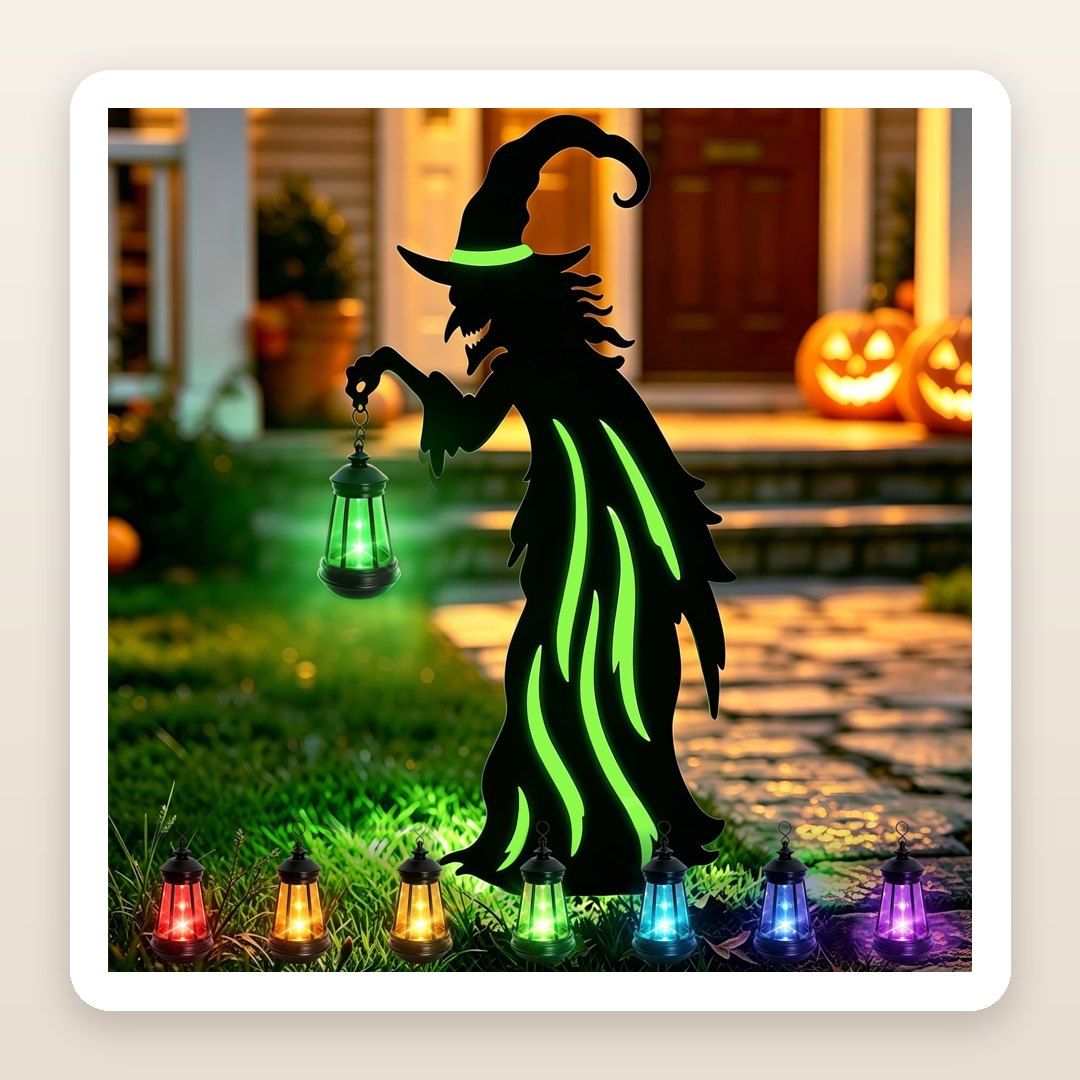 Halloween Yard Decor: The Metal Witch Stake With a Color-Changing Solar Lantern That Lights the Path