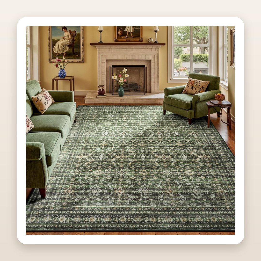 The Moody Green Rug Quietly Taking Over Cozy Living Rooms