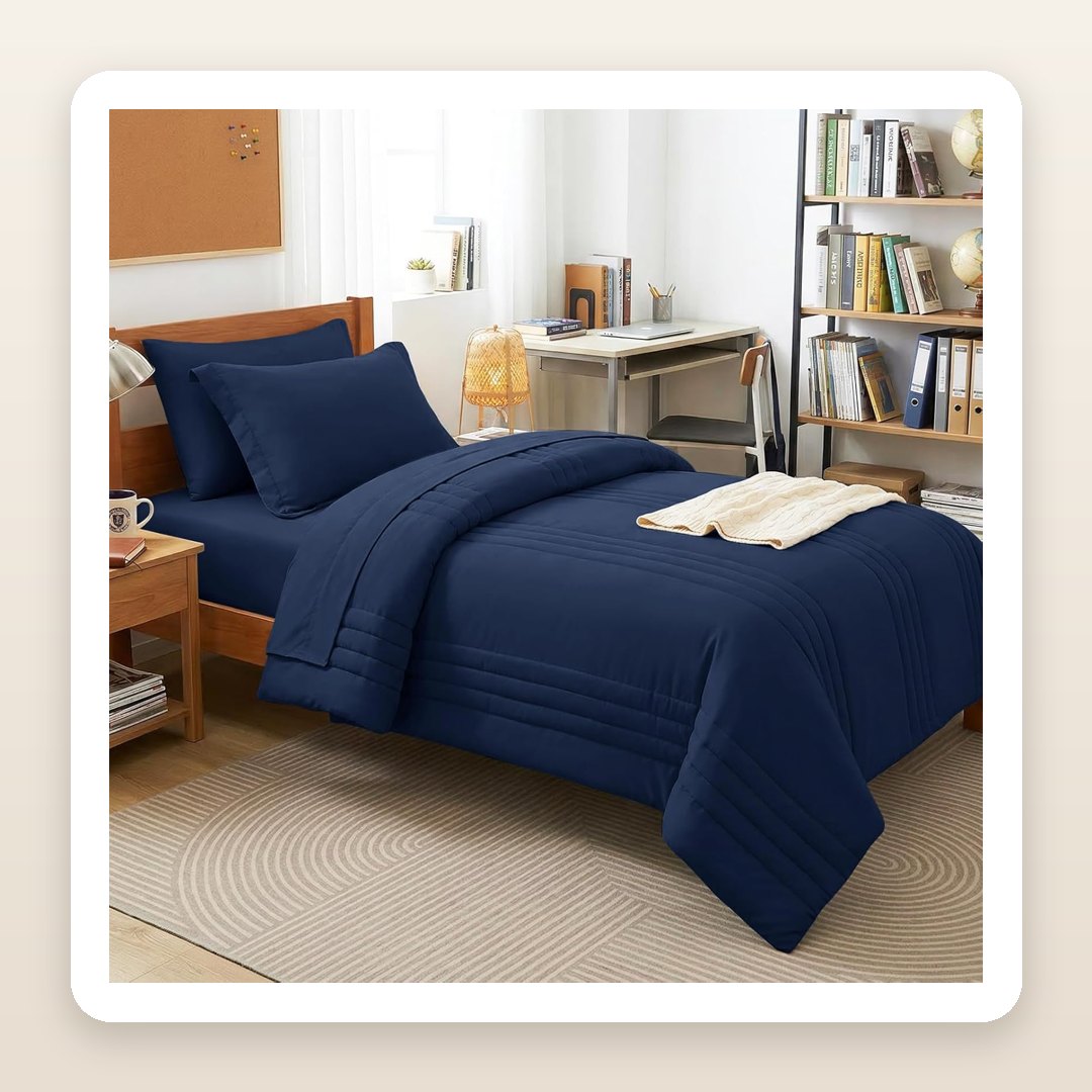 The Navy Bed-in-a-Bag That Makes a Dorm Room Feel Calm, Cozy and Grown-Up