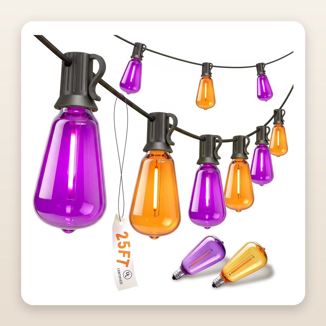 Backyard Halloween Party Ideas: The Orange and Purple String Lights That Light a Whole Fence