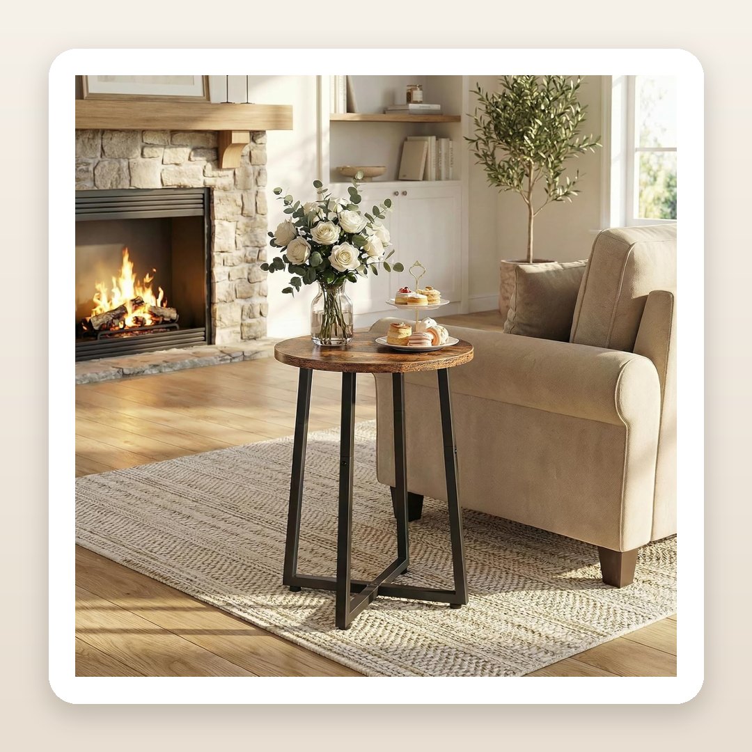 The Rustic Round End Table That Warms Up a Whole Living Room