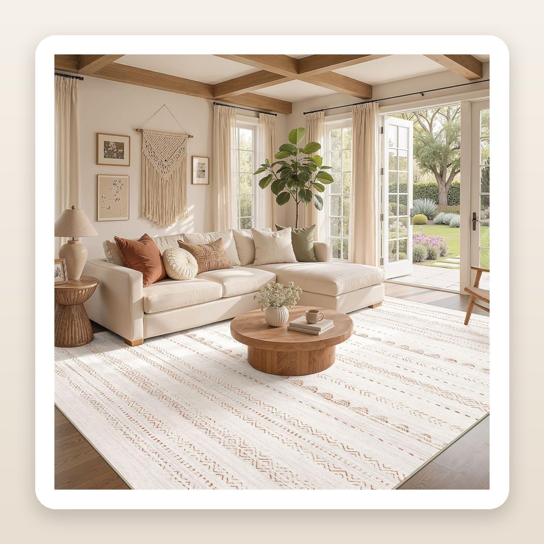 The Soft Neutral Rug That Makes a Living Room Feel Instantly Pulled-Together