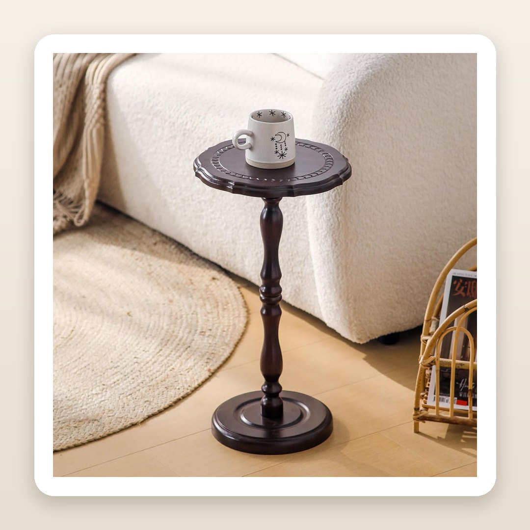 The Solid Wood Pedestal Side Table That Fits the Tiniest Cozy Corner