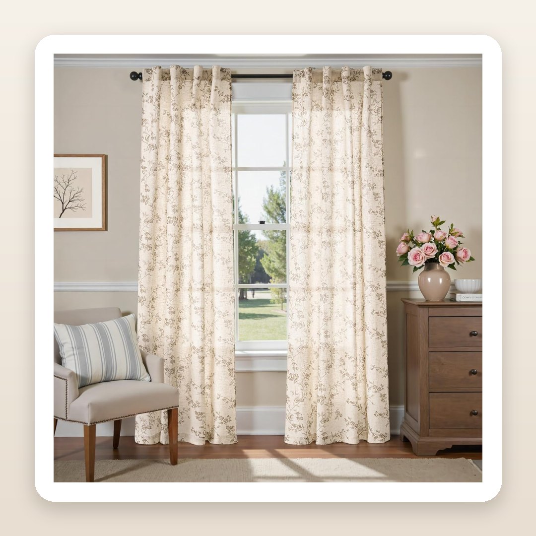 The Taupe Floral Linen Curtains That Give a Room That Soft Cottage-Light Look