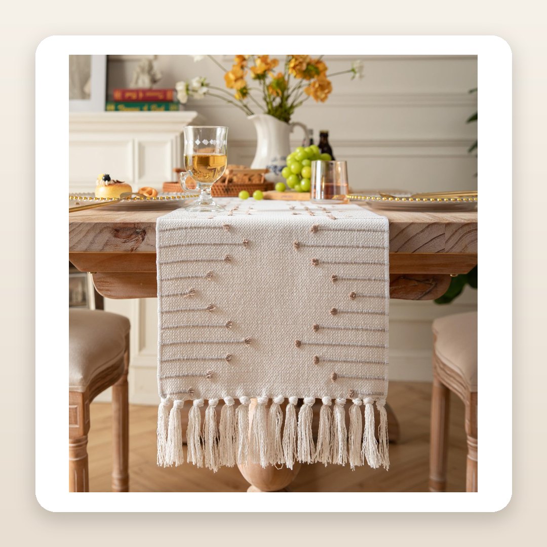 Neutral Fall Tablescape: The Tasseled Runner That Dresses a Table With No Centerpiece