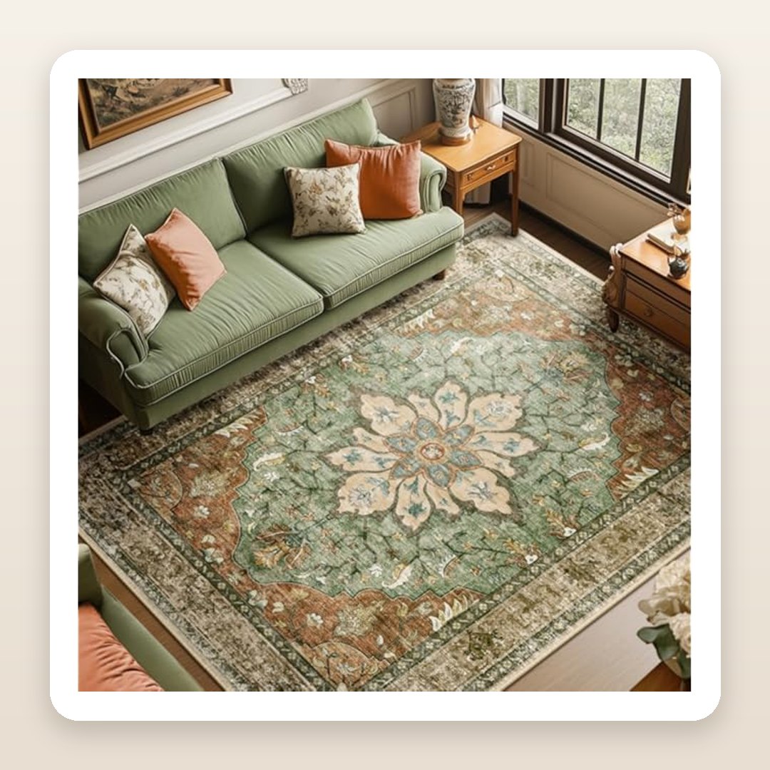 Washable Floral Vintage Area Rug 8x10 | Terracotta & Sage Green