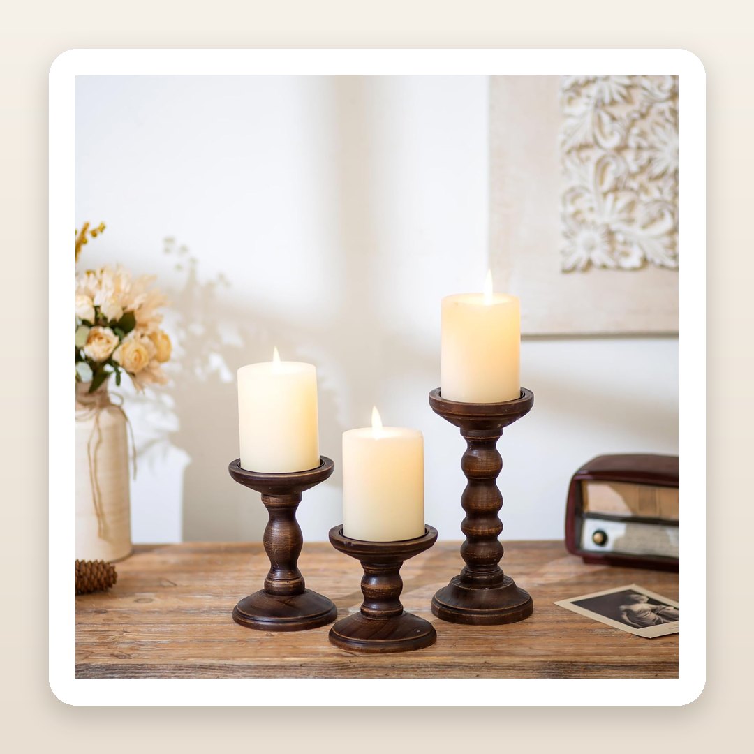 Fall Mantle Decor Ideas: Three Wood Candle Holders Do the Whole Shelf