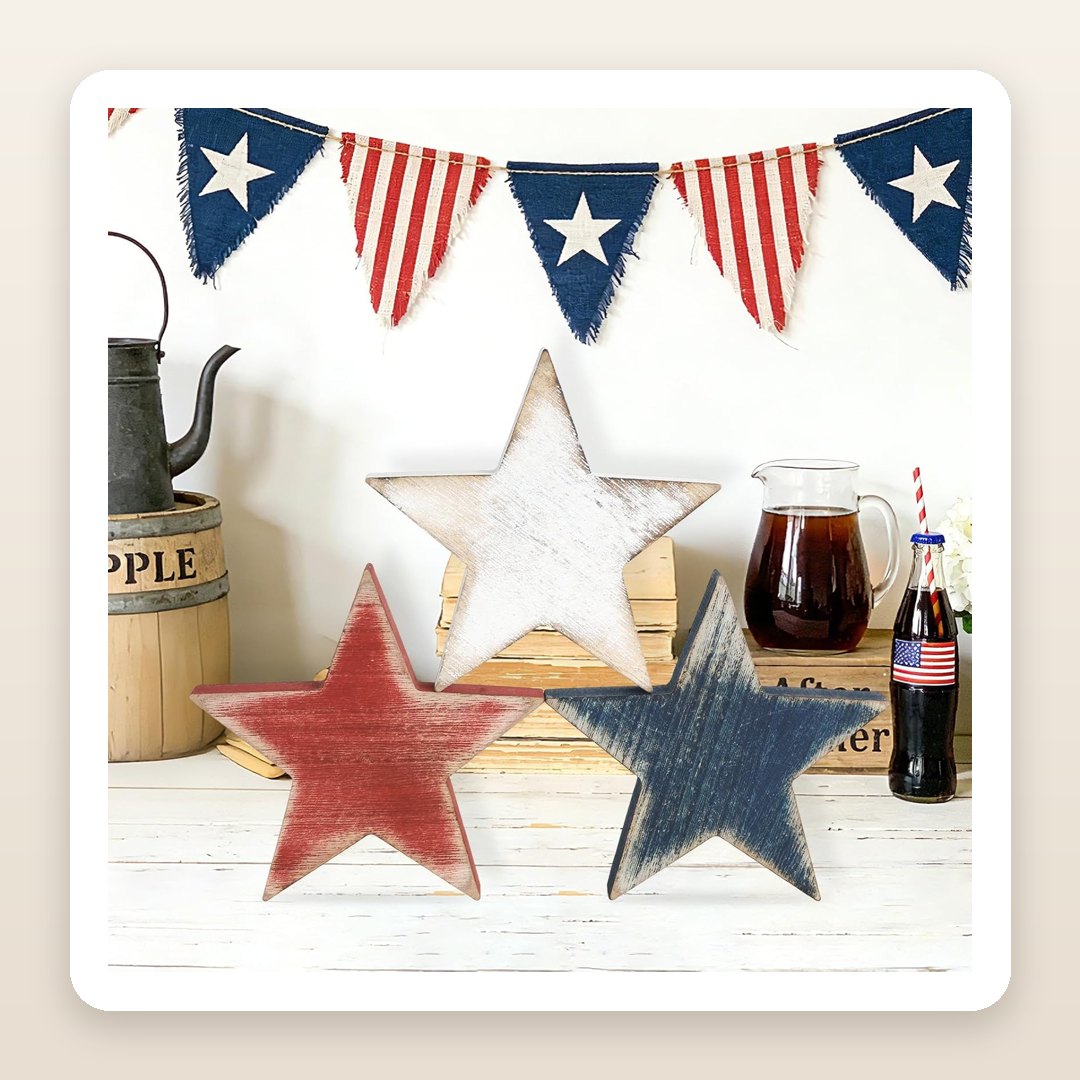 The Rustic Wooden Star Set That Styles a 4th of July Shelf or Tiered Tray in Seconds